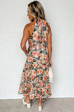 Load image into Gallery viewer, Black Knotted Halter Floral Print Ruffle Tiered Maxi Dress