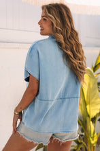 Load image into Gallery viewer, Sky Blue Split V Neck Oversized Denim Blouse