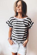 Load image into Gallery viewer, Black Striped V Neck Ruffle Sleeve Top