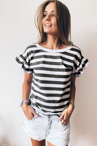 Black Striped V Neck Ruffle Sleeve Top