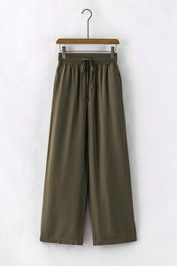 Green Brown Drawstring Elastic Waist Casual Wide Leg Pants