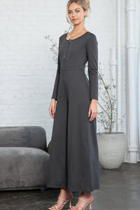 Grey Henley Long Sleeve Wide Leg Jumpsuit with Pockets