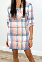 Load image into Gallery viewer, Plaid Roll-tab Sleeve Side Slit Shirt Dress