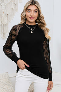 Ribbed Solid Color Striped Mesh Long Sleeve Top