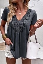 Load image into Gallery viewer, Solid Color Lace Crochet Short Sleeve V Neck T Shirt