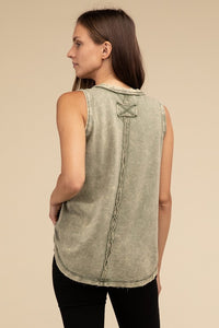 Olivia: Half-Button Raw Edge Sleeveless  Top