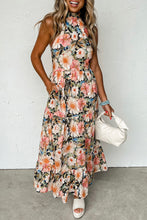 Load image into Gallery viewer, Black Knotted Halter Floral Print Ruffle Tiered Maxi Dress