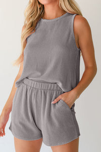 Erin-Medium Grey Corded Sleeveless Top and Pocketed Shorts Set