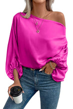 Load image into Gallery viewer, Bright Pink Solid Color Asymmetrical Neck Lantern Sleeve Blouse