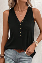 Load image into Gallery viewer, Black Half Button V Neck Patched Pocket Tank Top