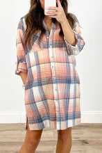 Load image into Gallery viewer, Plaid Roll-tab Sleeve Side Slit Shirt Dress