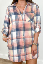 Load image into Gallery viewer, Plaid Roll-tab Sleeve Side Slit Shirt Dress