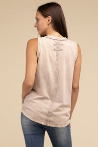 Olivia: Half-Button Raw Edge Sleeveless  Top