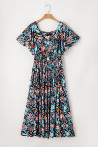 Sky Blue Floral Knotted Back Square Neck Maxi Dress