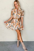 Load image into Gallery viewer, Brown Abstract Printed Puff Sleeve Button Up Braided Belt Mini Dress