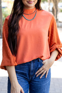 Orange Swiss Dot Balloon Sleeve Loose Blouse