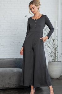 Grey Henley Long Sleeve Wide Leg Jumpsuit with Pockets