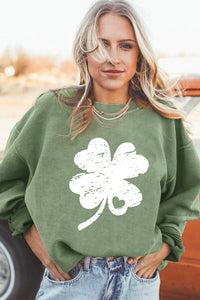 Grass Green St Patricks Corded Distressed Clover Graphic Sweatshirt