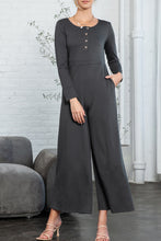 Load image into Gallery viewer, Grey Henley Long Sleeve Wide Leg Jumpsuit with Pockets