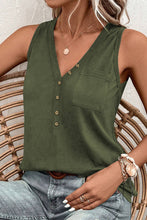 Load image into Gallery viewer, Jungle Green Half Button V Neck Patched Pocket Tank Top