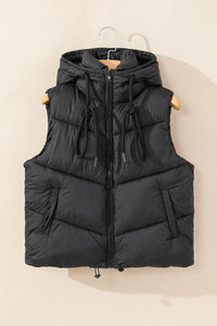 Black Sleek Quilted Puffer Hooded Vest Coat