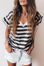 Load image into Gallery viewer, Black Striped V Neck Ruffle Sleeve Top