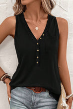 Load image into Gallery viewer, Black Half Button V Neck Patched Pocket Tank Top