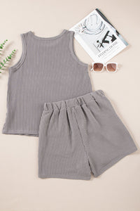 Erin-Medium Grey Corded Sleeveless Top and Pocketed Shorts Set