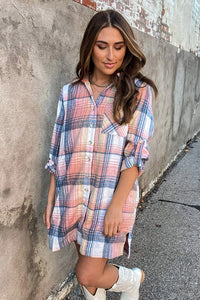 Plaid Roll-tab Sleeve Side Slit Shirt Dress