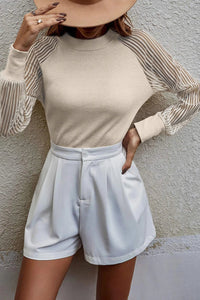 Ribbed Solid Color Striped Mesh Long Sleeve Top