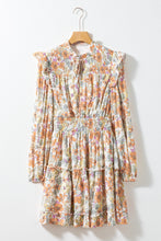 Load image into Gallery viewer, White Split Neck Smocked Waist Ruffled Floral Dress