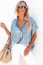 Load image into Gallery viewer, Sky Blue Split V Neck Oversized Denim Blouse