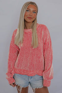 Red Casual Stripe Print Round Neck Sweater