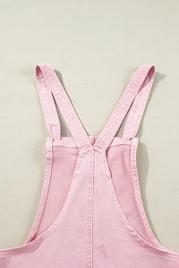 Pink Solid Color Knot Straps Denim Romper with Pockets