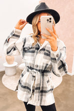 Load image into Gallery viewer, Black Plaid Button-Up Flap Pocket Belted Jacket