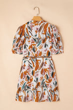 Load image into Gallery viewer, Brown Abstract Printed Puff Sleeve Button Up Braided Belt Mini Dress