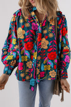 Load image into Gallery viewer, Green Floral Knot Split Neck Puff Sleeve Blouse