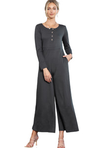 Grey Henley Long Sleeve Wide Leg Jumpsuit with Pockets