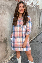 Load image into Gallery viewer, Plaid Roll-tab Sleeve Side Slit Shirt Dress