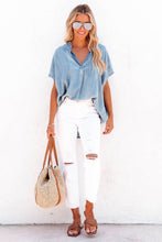 Load image into Gallery viewer, Sky Blue Split V Neck Oversized Denim Blouse