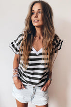 Load image into Gallery viewer, Black Striped V Neck Ruffle Sleeve Top