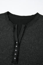 Load image into Gallery viewer, Black Acid Wash Waffle Knit Buttoned Neckline Long Sleeve Top