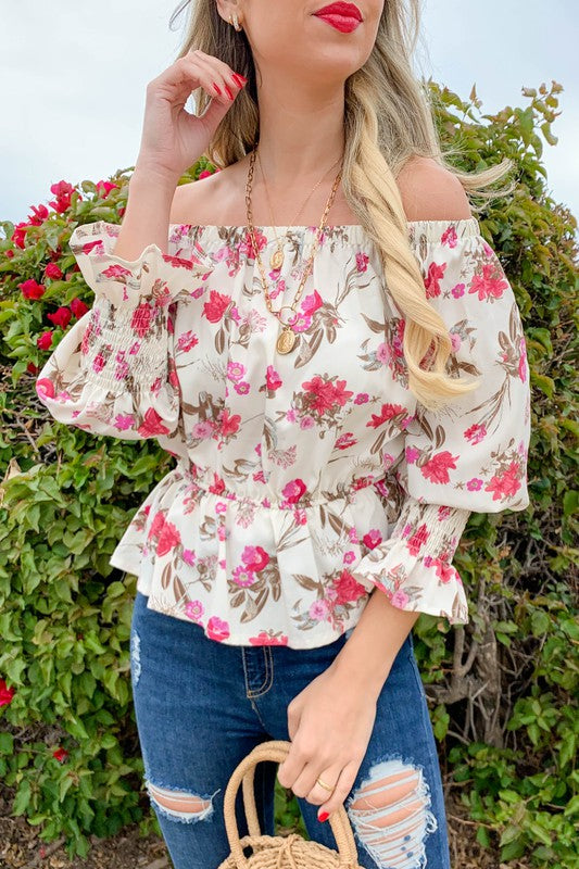 Floral Printed Smocking Detail Off Shoulder Top