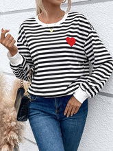 Load image into Gallery viewer, Heart Patch Striped Round Neck Long Sleeve Sweatshirt
