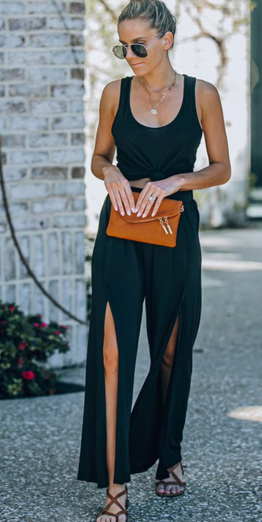 Black Slit Wide Leg Pant